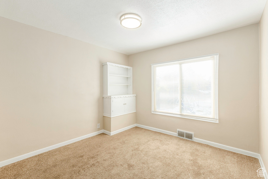 Unfurnished room with a textured ceiling and light colored carpet