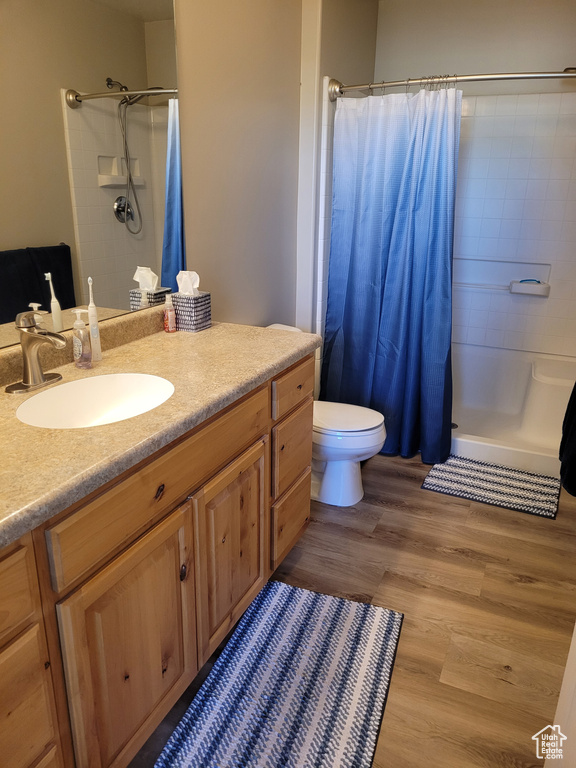 Bathroom with wood-type flooring, vanity, curtained shower, and toilet