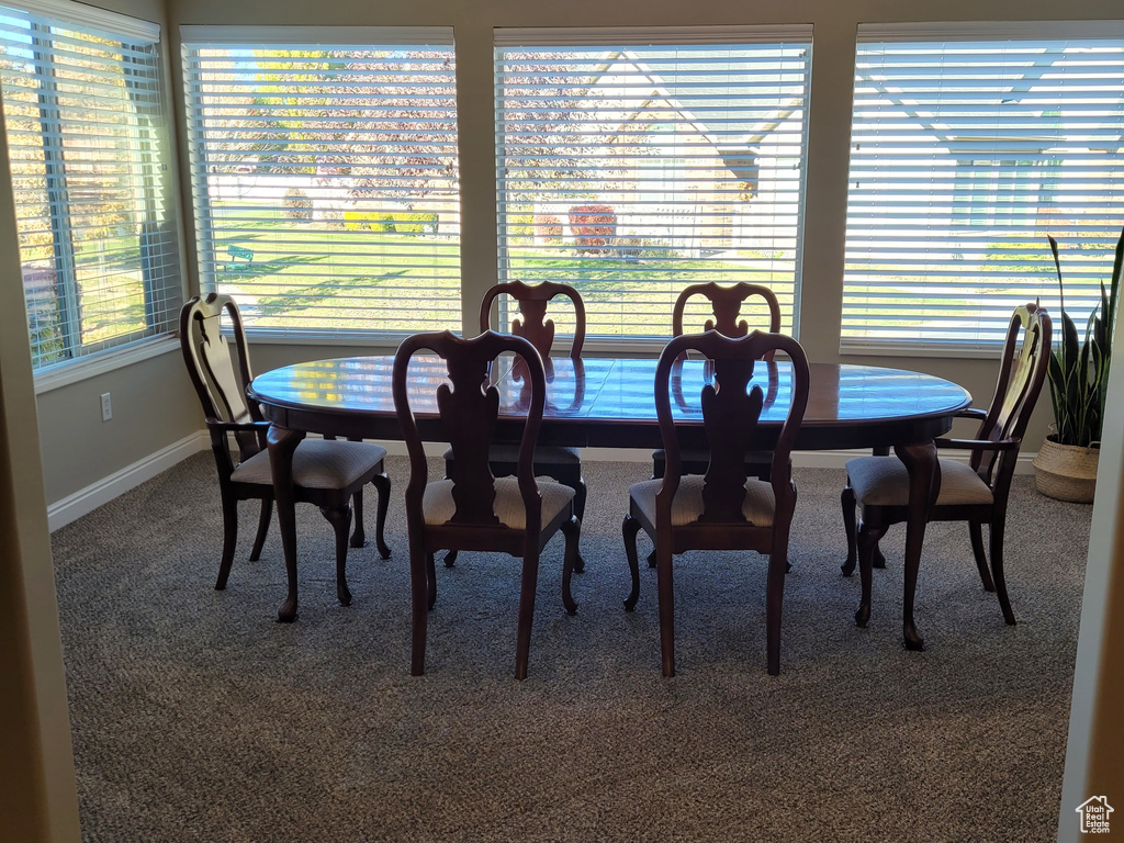 Carpeted dining area featuring plenty of natural light, lofted ceiling, and ceiling fan