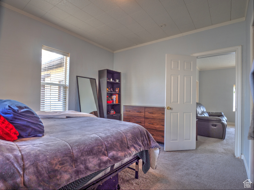 Bedroom with ornamental molding and light carpet