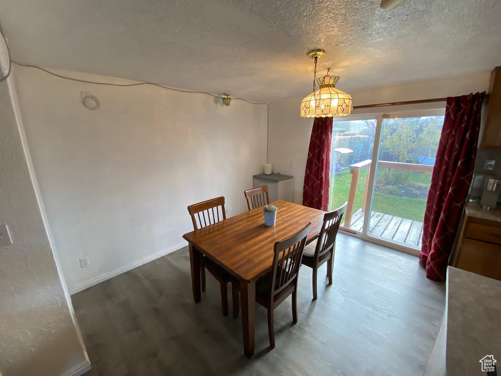 Dining room featuring hardwood / wood-style floors and a textured ceiling