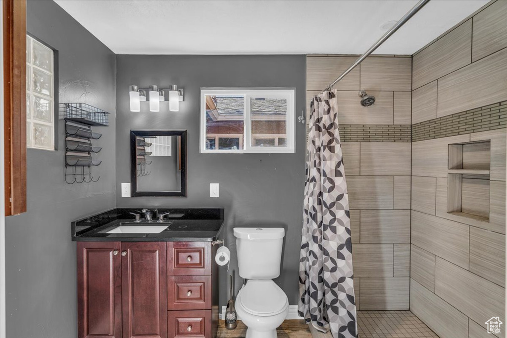 Bathroom featuring toilet, vanity, and a shower with shower curtain