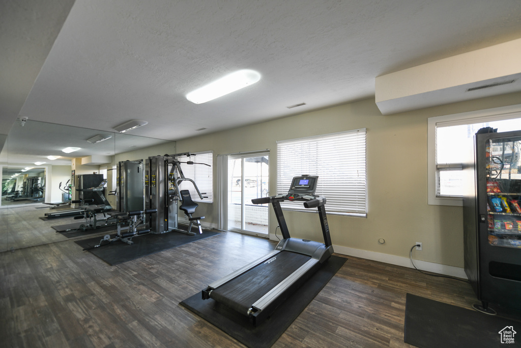 Gym with a textured ceiling, a wealth of natural light, and dark wood-type flooring