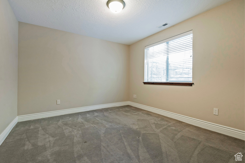 Carpeted empty room with a textured ceiling