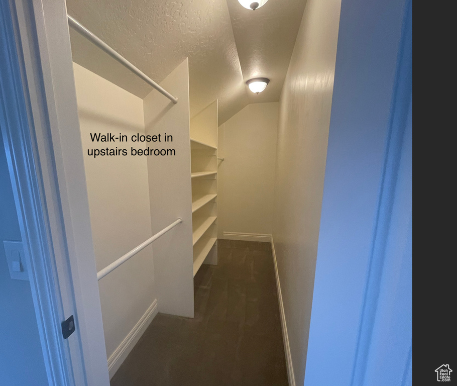 Spacious closet featuring dark carpet and lofted ceiling