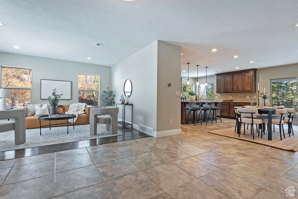 Interior space with a textured ceiling