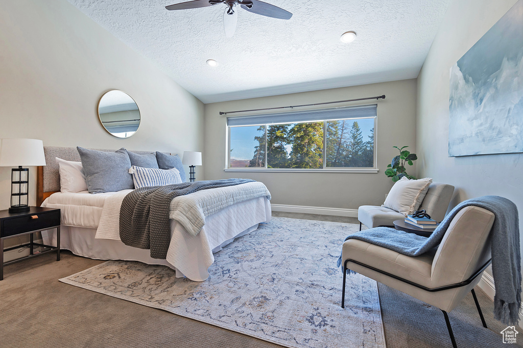 Carpeted bedroom with lofted ceiling, ceiling fan, and a textured ceiling