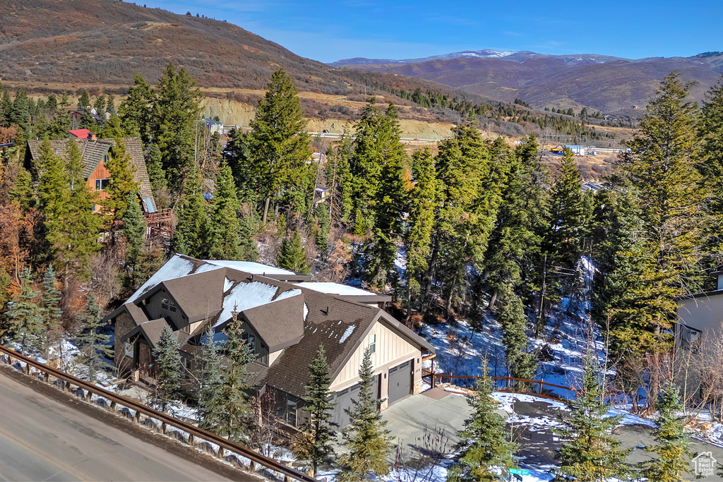 Aerial view featuring a mountain view