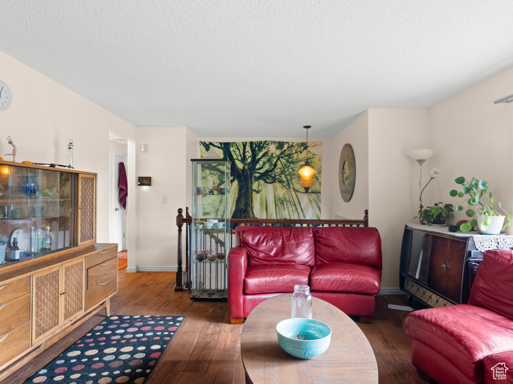 Living room featuring dark hardwood / wood-style flooring and a textured ceiling