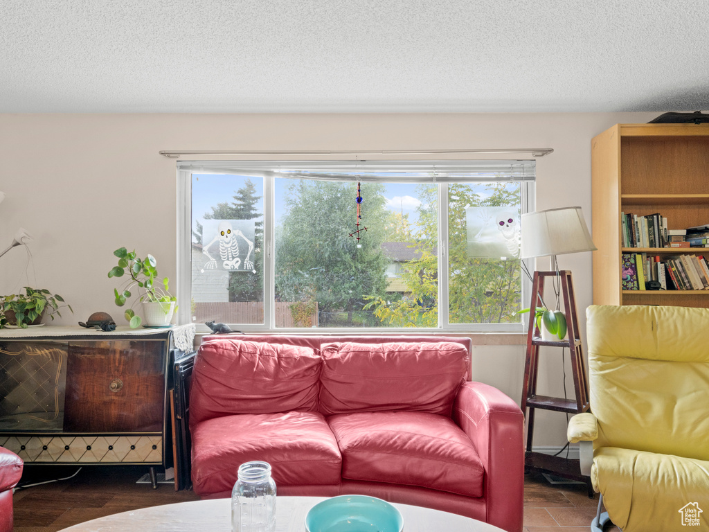 Living room with a wealth of natural light, wood-type flooring, and a textured ceiling