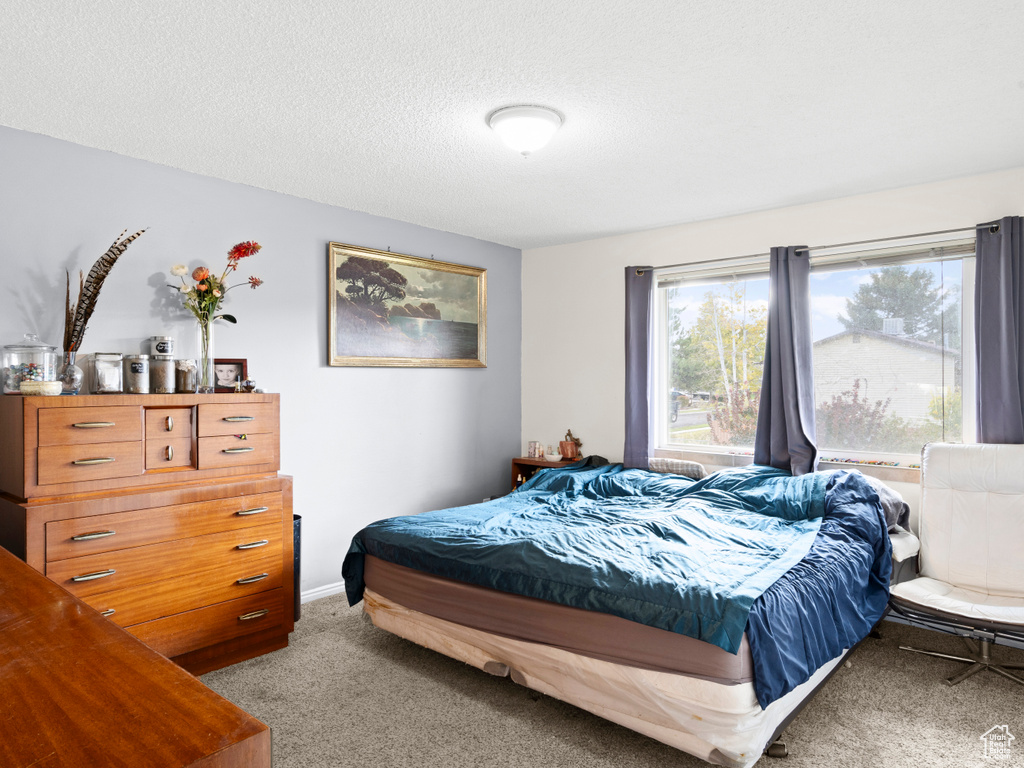 Bedroom with a textured ceiling and light carpet