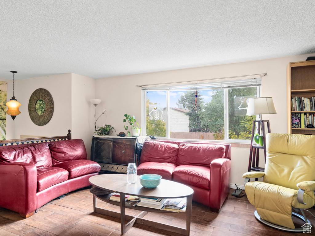 Living room featuring hardwood / wood-style floors and a textured ceiling