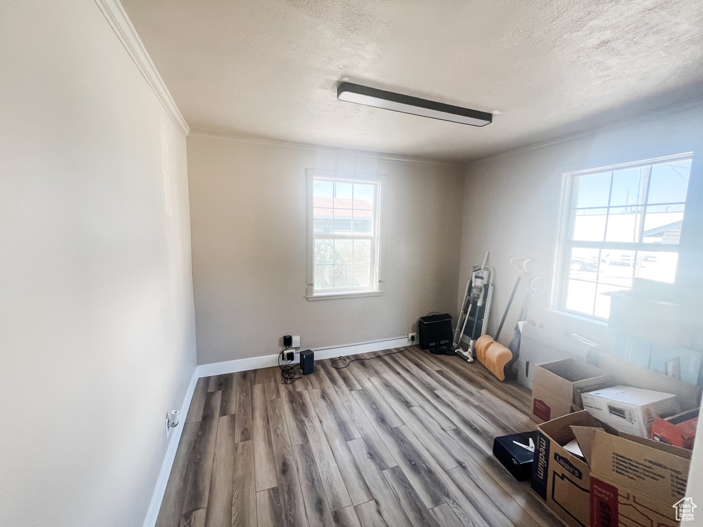 Spare room with plenty of natural light, wood finished floors, crown molding, a textured ceiling, and a baseboard radiator