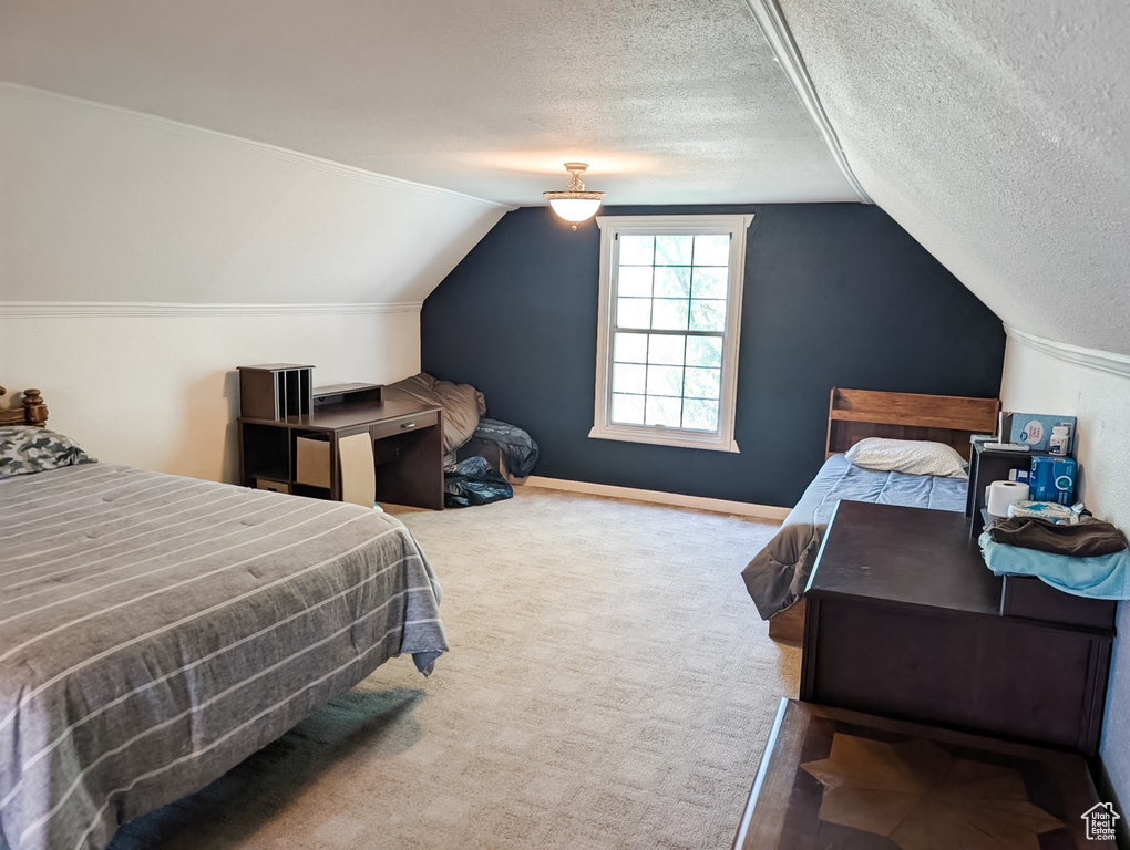 Bedroom with vaulted ceiling, carpet flooring, and a textured ceiling