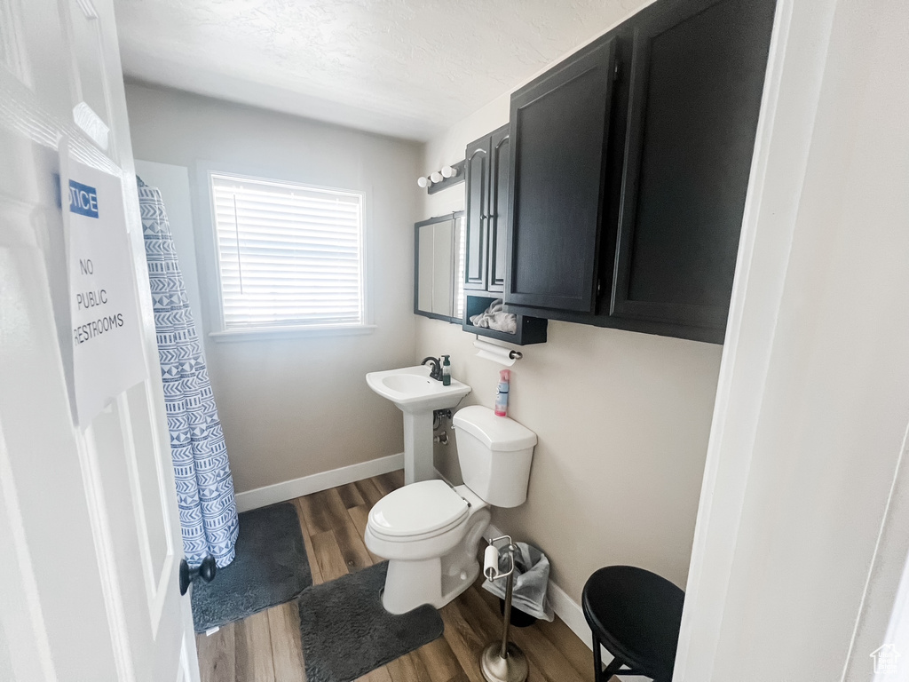 Bathroom featuring wood finished floors and curtained shower
