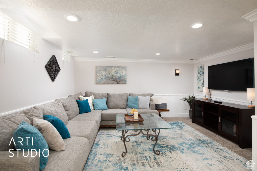 Carpeted living room featuring a textured ceiling and ornamental molding