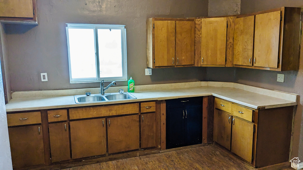 Kitchen with dark hardwood / wood-style flooring and sink