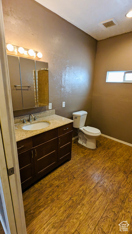 Bathroom featuring hardwood / wood-style flooring, vanity, and toilet