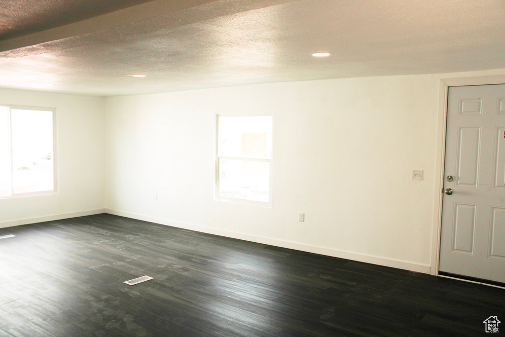 Empty room with a healthy amount of sunlight, dark hardwood / wood-style flooring, and a textured ceiling