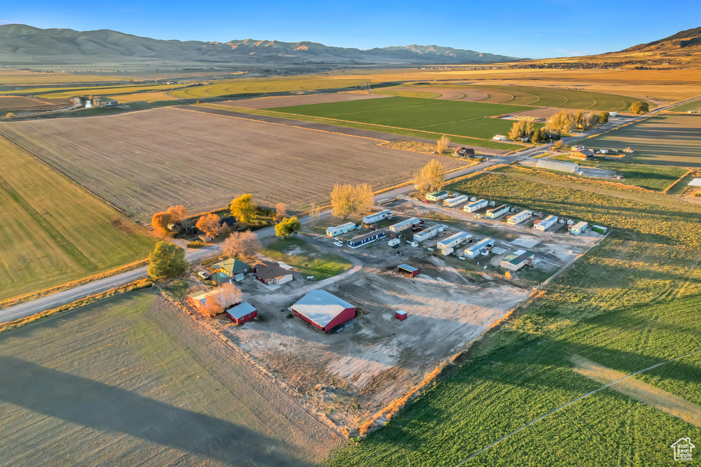 Drone / aerial view featuring a mountain view and a rural view