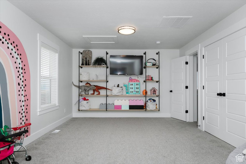 Recreation room featuring light colored carpet