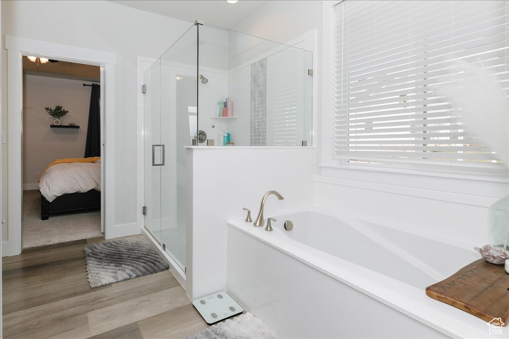 Bathroom with hardwood / wood-style floors and plus walk in shower