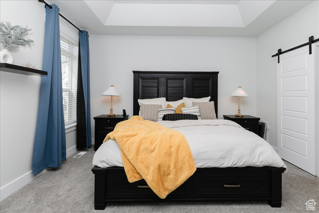 Bedroom featuring carpet, a barn door, and a raised ceiling