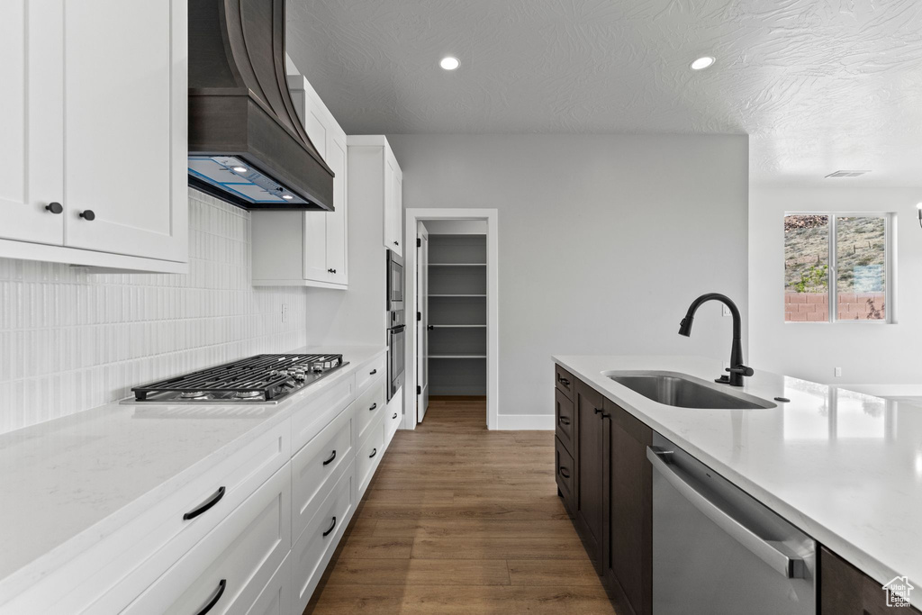Kitchen featuring a sink, white cabinetry, premium range hood, and stainless steel appliances
