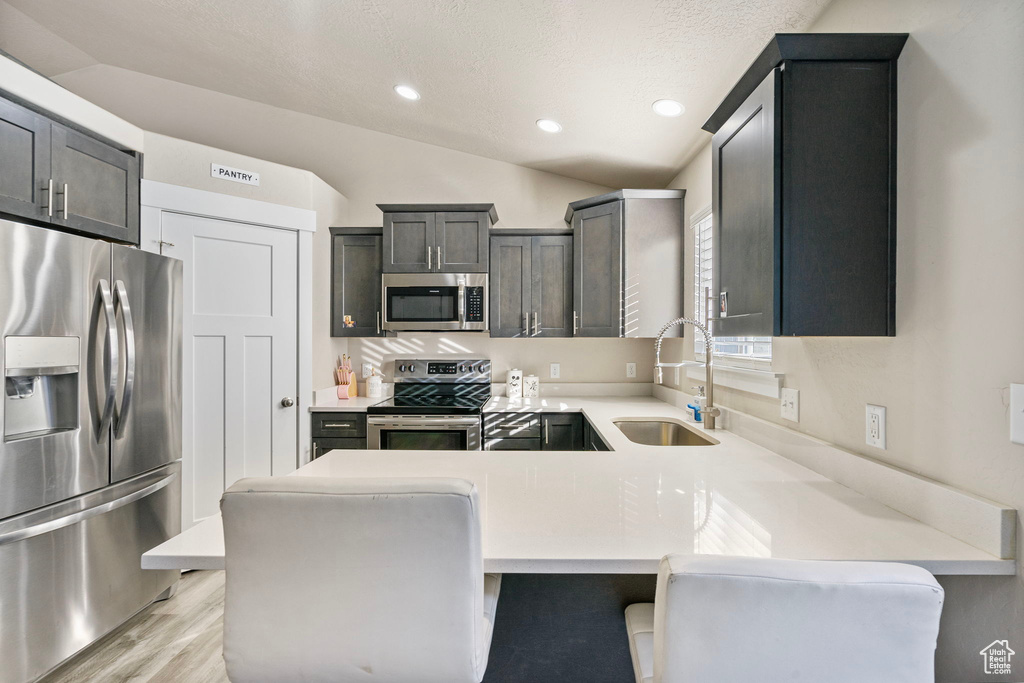 Kitchen featuring a breakfast bar, appliances with stainless steel finishes, vaulted ceiling, and sink