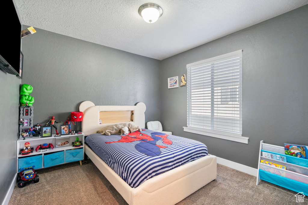 Bedroom featuring carpet flooring and a textured ceiling