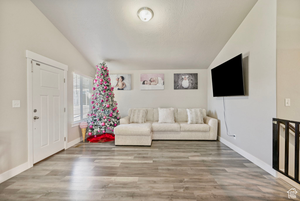 Living room featuring wood-type flooring, lofted ceiling, and a textured ceiling