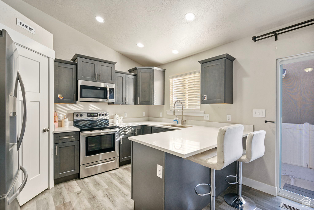 Kitchen with stainless steel appliances, sink, light hardwood / wood-style flooring, a breakfast bar area, and lofted ceiling