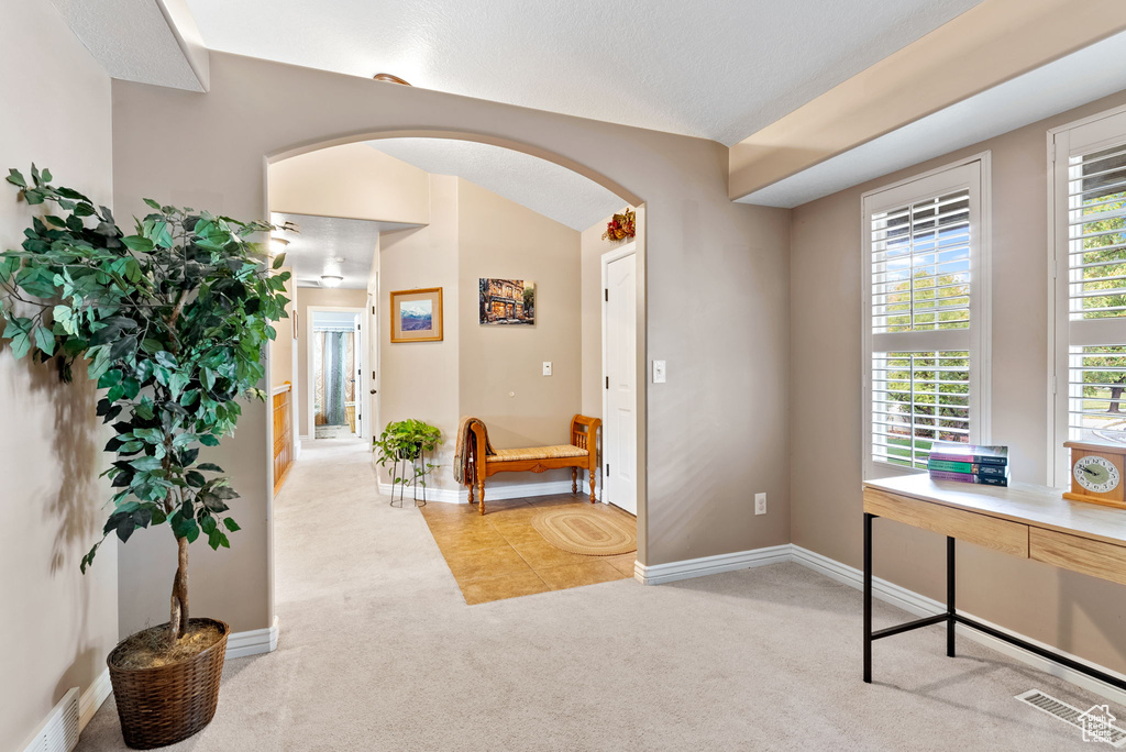 Entryway with a textured ceiling and light carpet