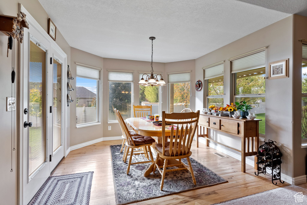 Dining room featuring a textured ceiling and light hardwood / wood-style flooring