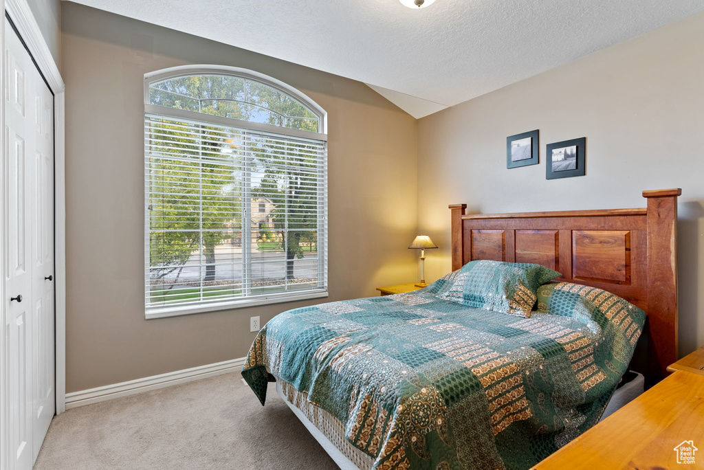 Carpeted bedroom featuring a closet and a textured ceiling