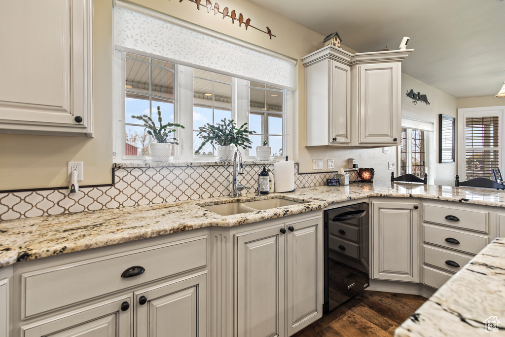 Kitchen with white cabinets, dark hardwood / wood-style floors, a healthy amount of sunlight, and sink