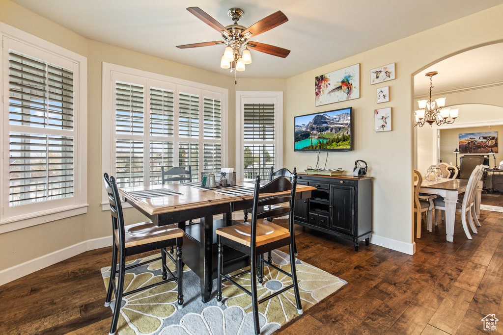 Dining room featuring ceiling fan with notable chandelier, plenty of natural light, and dark wood-type flooring