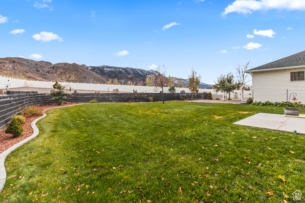 View of yard with a mountain view and a patio area