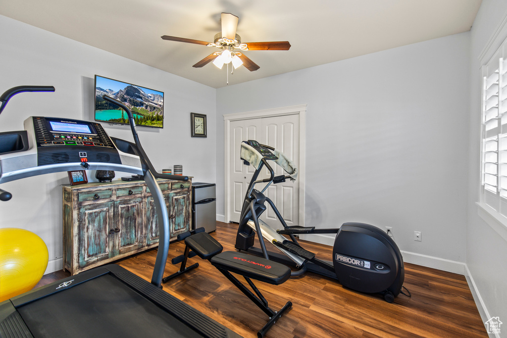 Workout area with hardwood / wood-style floors and ceiling fan