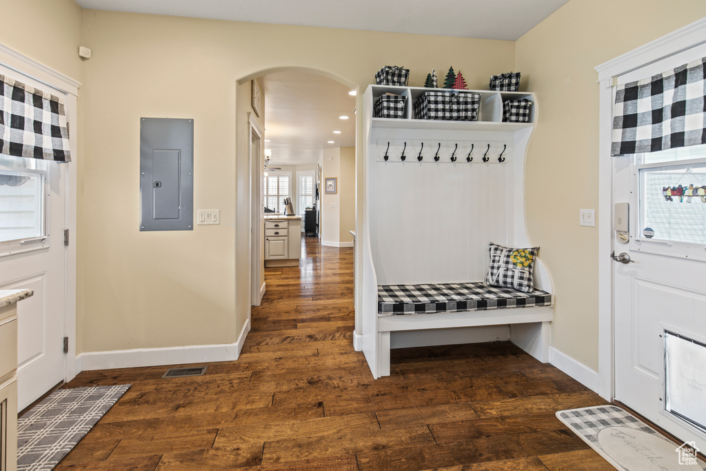Mudroom featuring dark hardwood / wood-style floors and electric panel