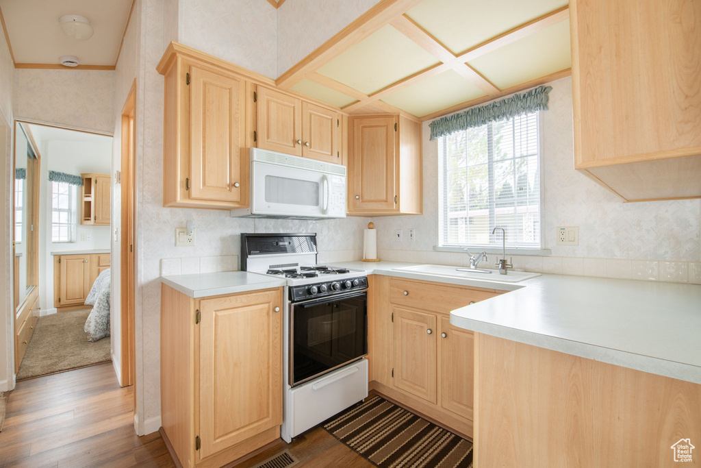 Kitchen with wood finished floors, a sink, light brown cabinets, and white appliances