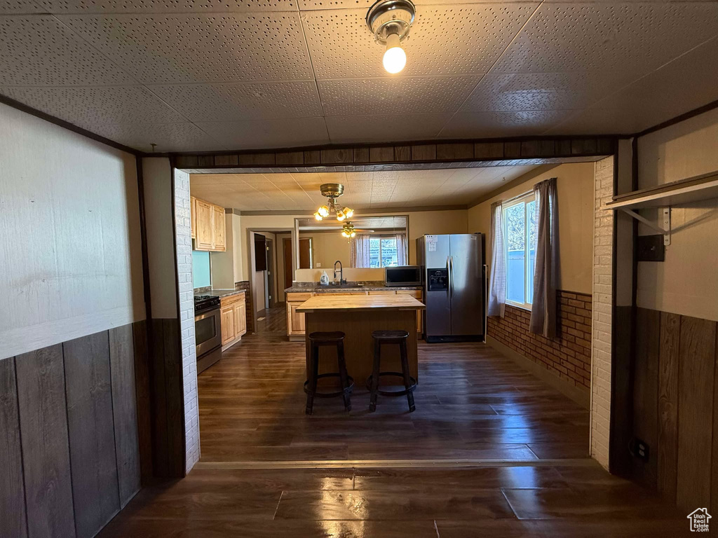 Kitchen with dark wood-type flooring, stainless steel appliances, a center island, a kitchen breakfast bar, and brick wall