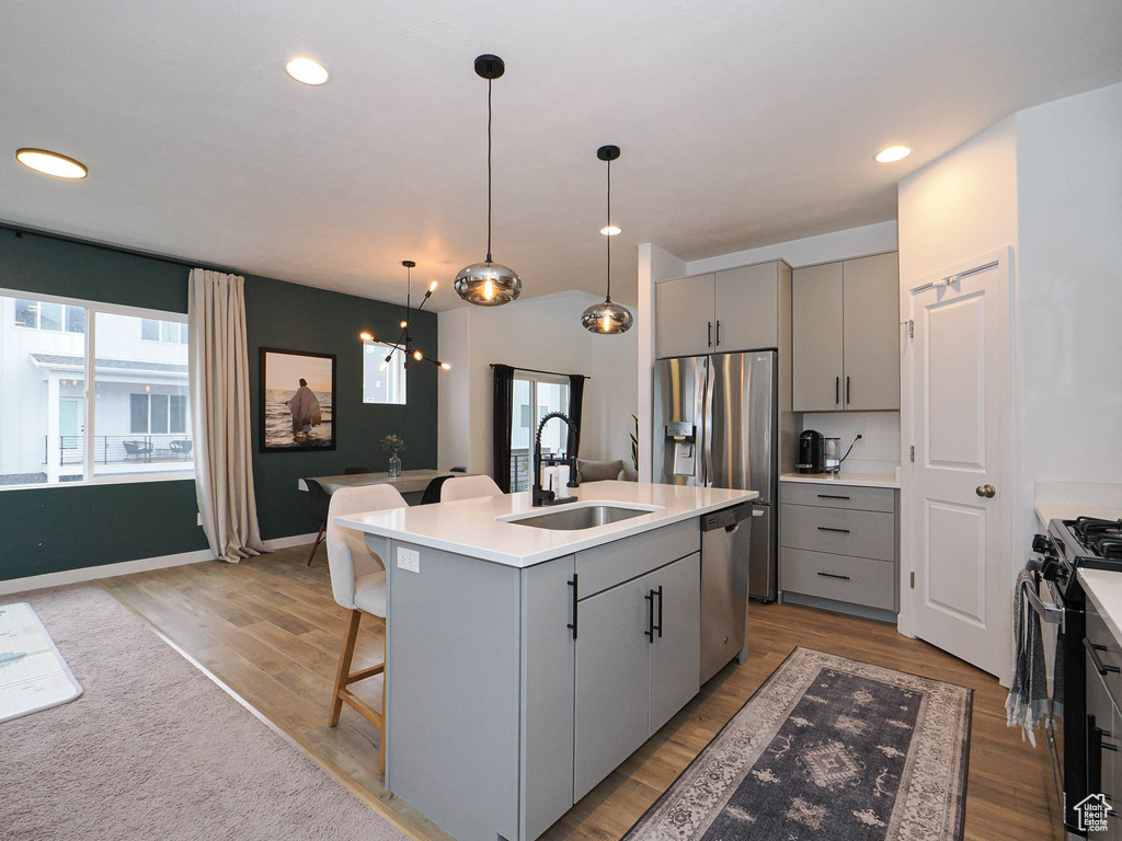 Kitchen featuring gray cabinets, a center island with sink, and sink