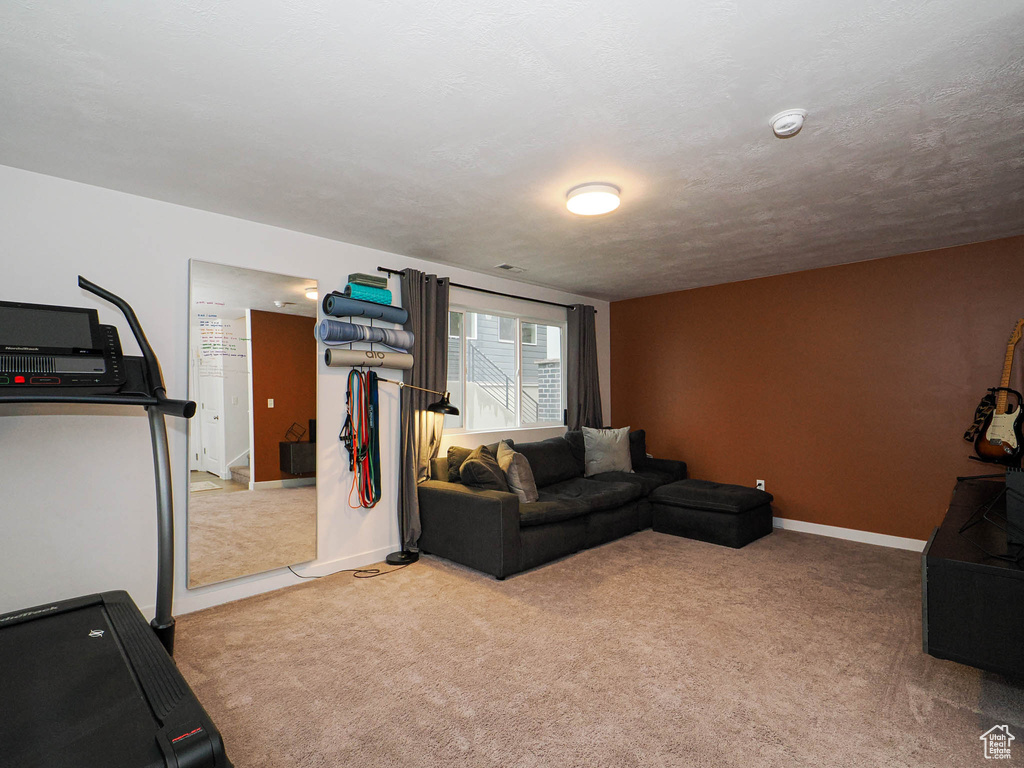 Carpeted living room with a textured ceiling