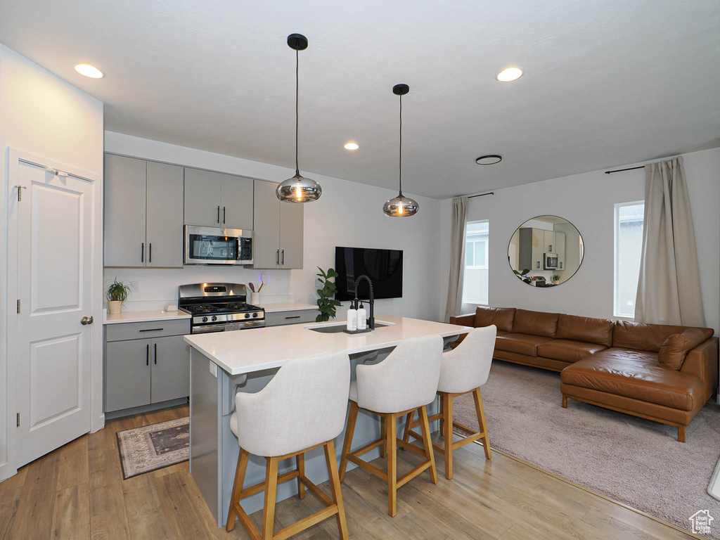 Kitchen with a breakfast bar, gray cabinets, light wood-type flooring, and stainless steel appliances