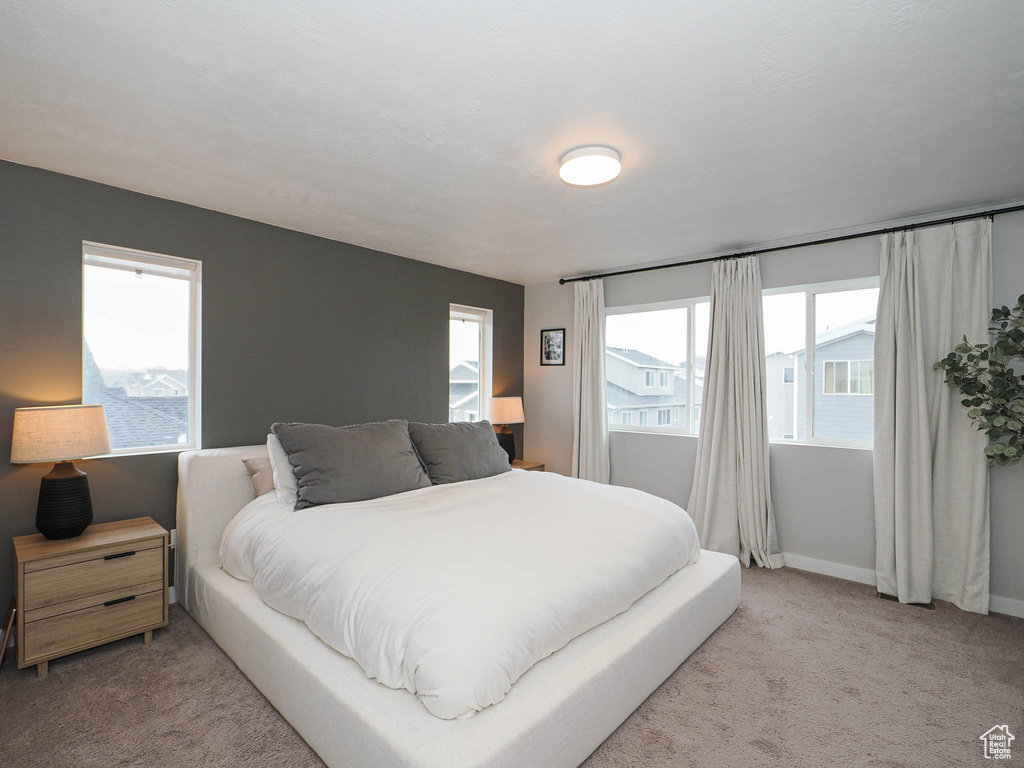 Carpeted bedroom with multiple windows