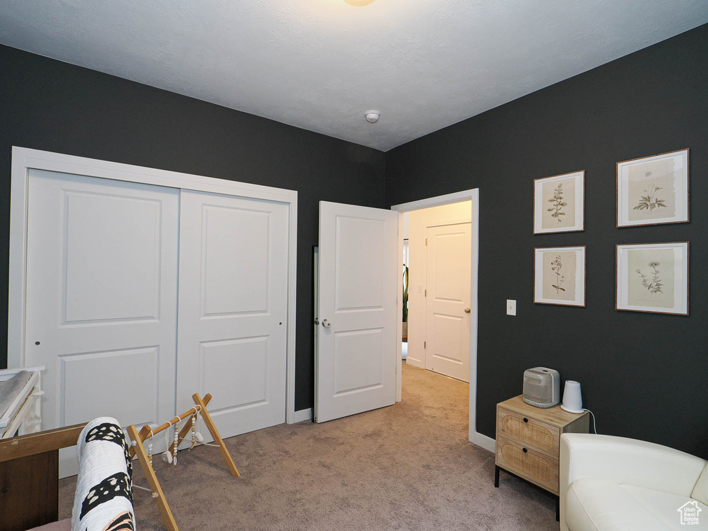 Carpeted bedroom with a closet