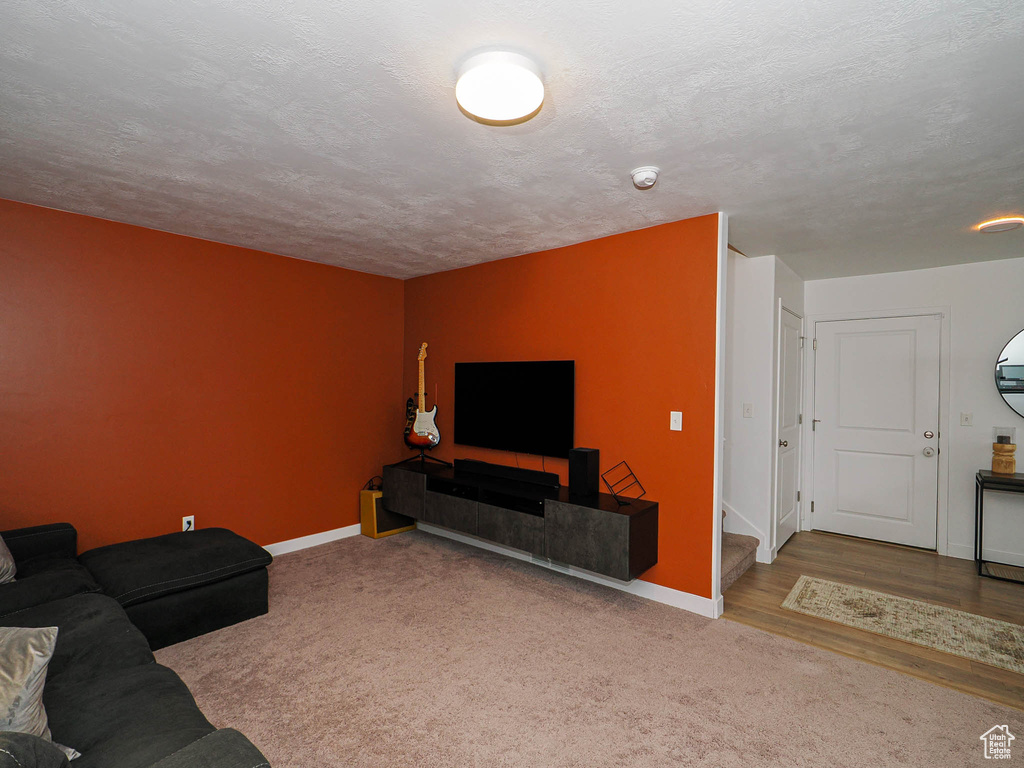 Living room with hardwood / wood-style flooring and a textured ceiling