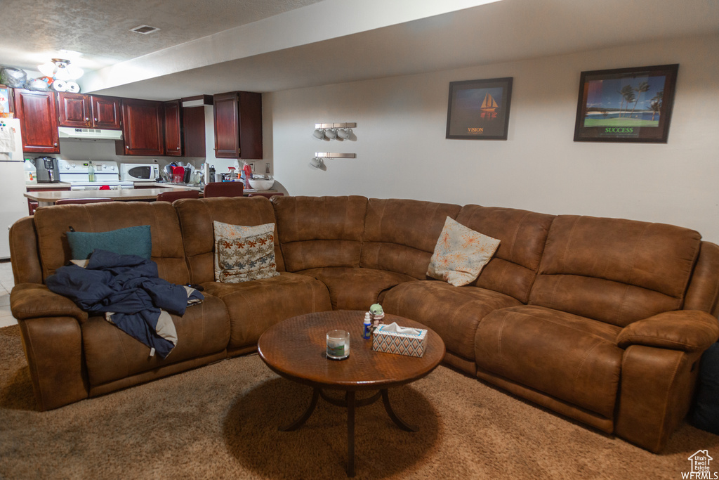 Carpeted living room featuring a textured ceiling