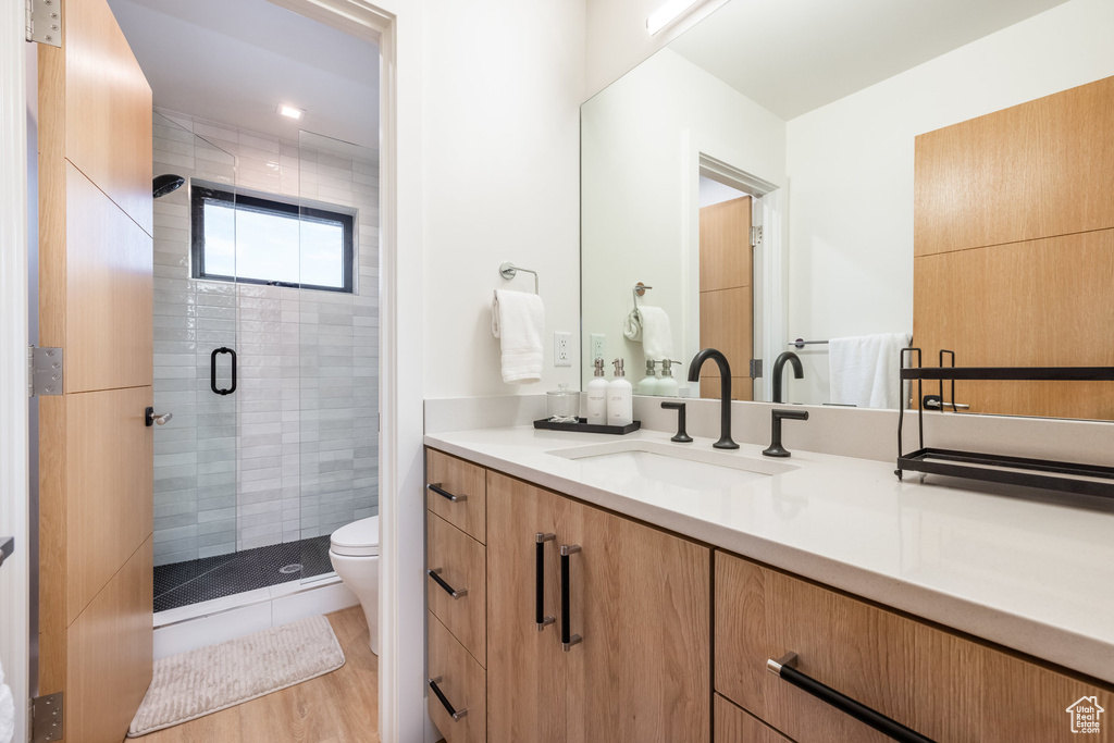 Bathroom featuring walk in shower, hardwood / wood-style floors, vanity, and toilet